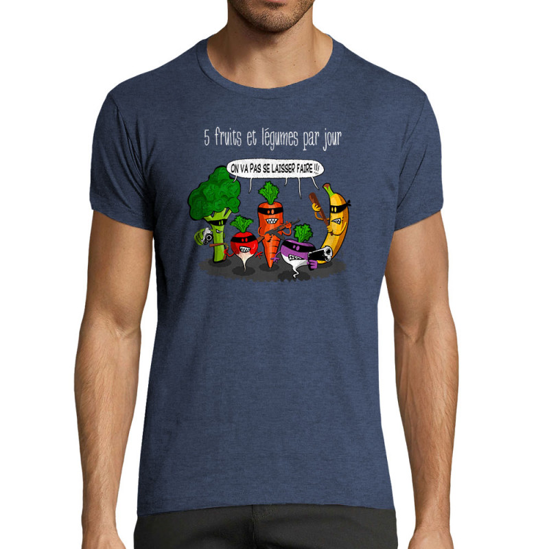 T-shirt homme fit bleu denim chiné 5 fruits et légumes par jour (Gondrax,Fruits & Légumes,Humour)