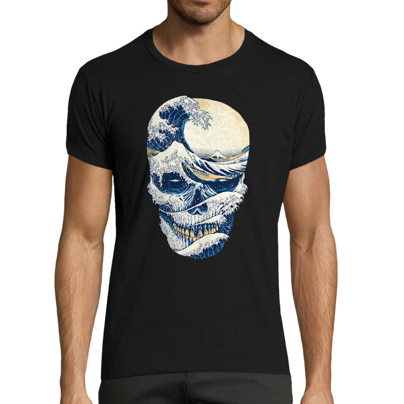 T-shirt homme fit noir Hokusai Wave Skull (Têtes de morts,Amazon,Hokusaï,Musée)