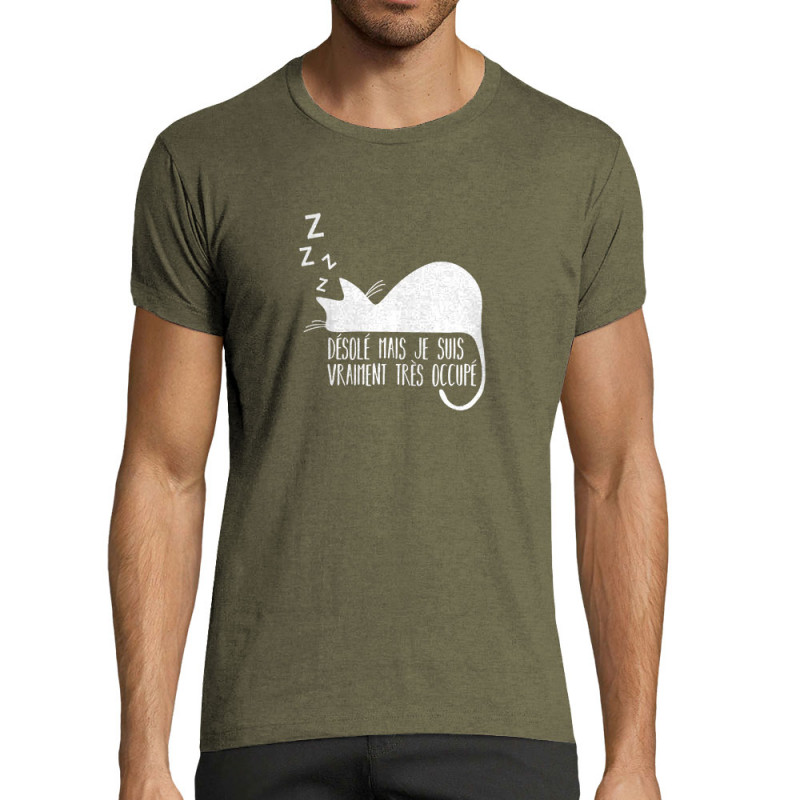 T-shirt homme fit kaki chiné Désolé mais je suis très occupé (Gondrax,Animaux,Humour,Chats,Paresse)
