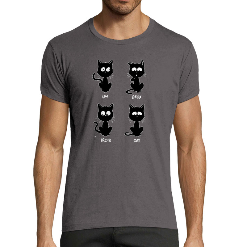 T-shirt homme fit gris foncé Un deux trois cat (Le Duc,Humour,Animaux,Des chiffres et des lettres,Chats,Devoirs de vacances)