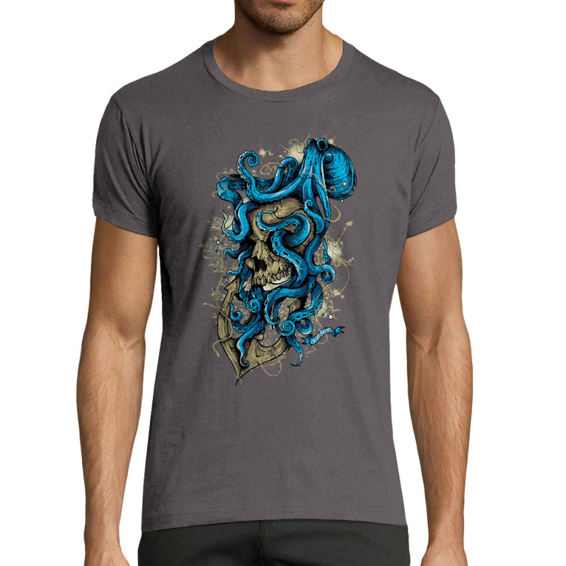 T-shirt homme fit gris foncé Santa Muerte - Octopus Skull (Santa Muerte,Têtes de morts,Animaux)