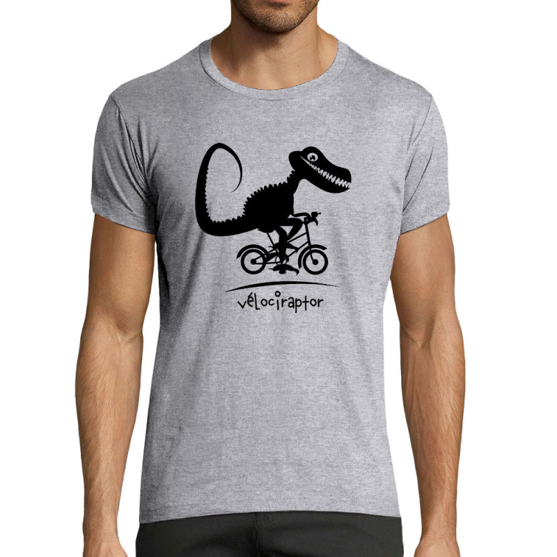 T-shirt homme fit gris chiné Vélociraptor (Andy,Humour,Animaux,Vélo)