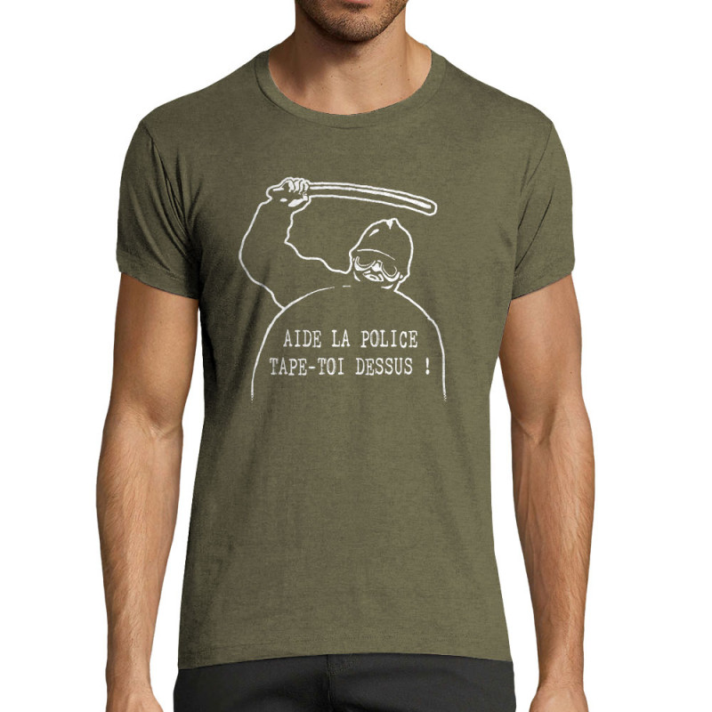 T-shirt homme fit kaki chiné Aide la police (Slogans engagés,Humour)