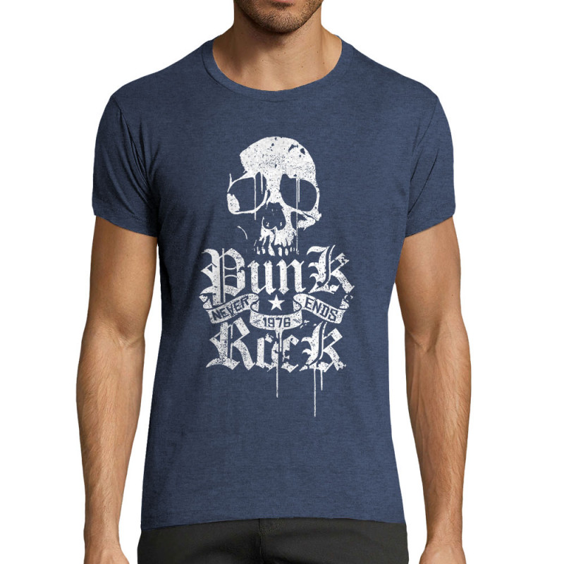 T-shirt homme fit bleu denim chiné Punk Rock Never Ends (Têtes de morts,Rock & Punk)