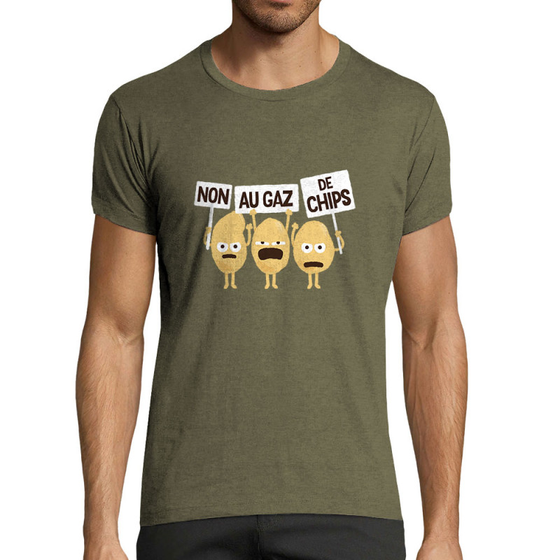 T-shirt homme fit kaki chiné Non au gaz de chips (Alex Kidd,Humour,Fruits & Légumes)