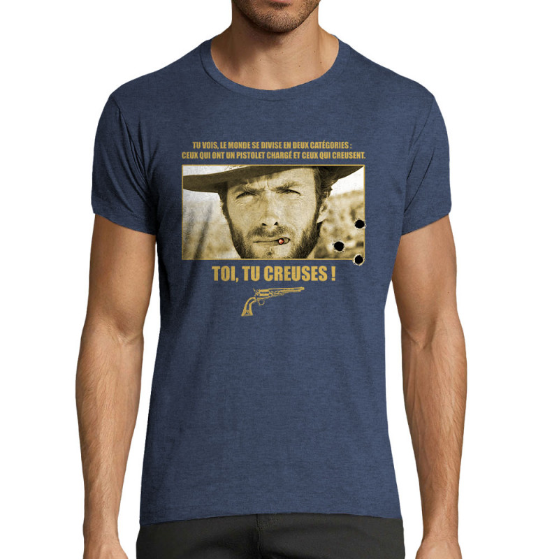 T-shirt homme fit bleu denim chiné Toi tu creuses (Films/Séries)