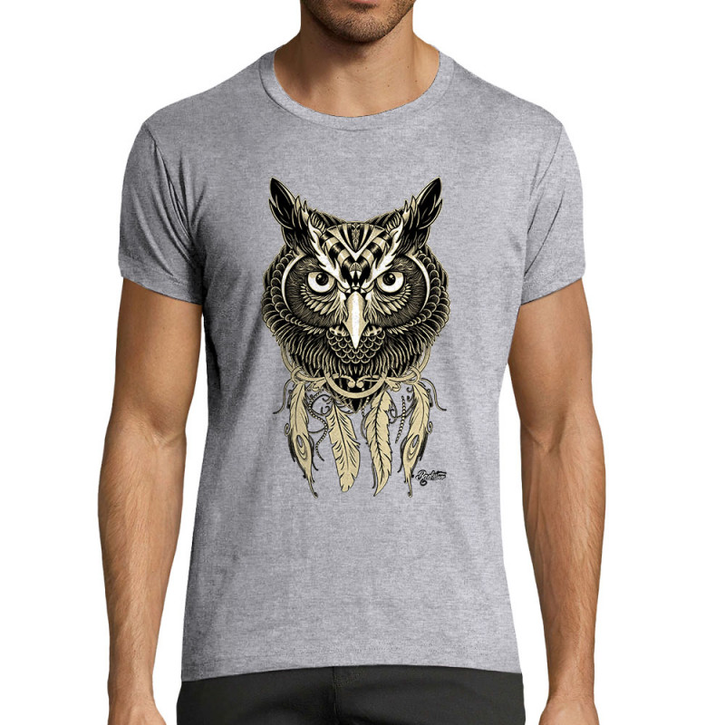 T-shirt homme fit gris chiné Bad River - Little Owl (Bad River,Animaux,Ethnique)