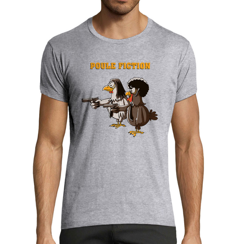 T-shirt homme fit gris chiné Poule Fiction (Mr Mouton,Animaux,Films/Séries)