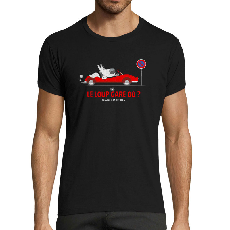 T-shirt homme fit noir Le Loup se gare où (Pandaluna,Animaux,Humour)