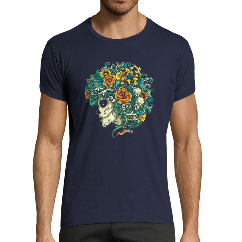 T-shirt homme fit bleu marine Santa Muerte - Flourish Dead Girl (Santa Muerte,Têtes de morts)
