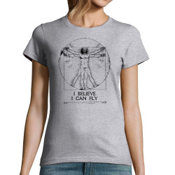 T-shirt femme gris chiné I can fly Vitruve (Gondrax,Humour,Musée,Homme de Vitruve)