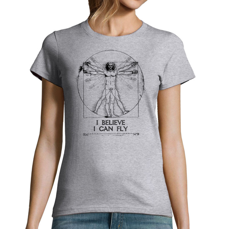 T-shirt femme gris chiné I can fly Vitruve (Gondrax,Humour,Musée,Homme de Vitruve)