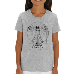 T-shirt enfant coton bio gris chiné I can fly Vitruve (Gondrax,Humour,Musée,Homme de Vitruve)