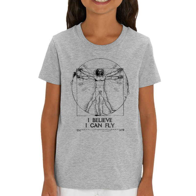 T-shirt enfant coton bio gris chiné I can fly Vitruve (Gondrax,Humour,Musée,Homme de Vitruve)
