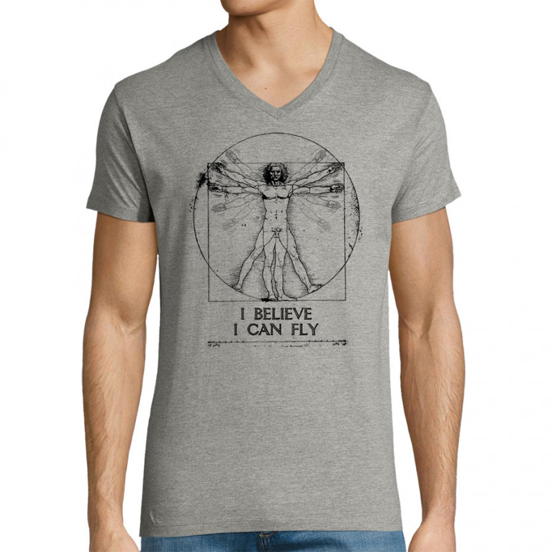 T-shirt homme col V gris chiné I can fly Vitruve (Gondrax,Humour,Musée,Homme de Vitruve)