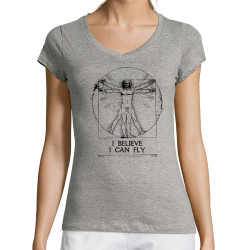 T-shirt femme col V gris chiné I can fly Vitruve (Gondrax,Humour,Musée,Homme de Vitruve)