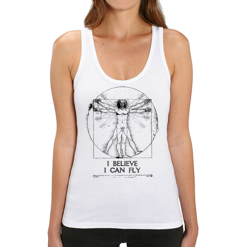 Débardeur femme coton bio blanc I can fly Vitruve (Gondrax,Humour,Musée,Homme de Vitruve)
