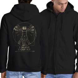 Sweat homme à capuche zippé noir I can fly Vitruve (Gondrax,Humour,Musée,Homme de Vitruve)