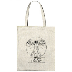 Sac shopping en toile naturel I can fly Vitruve (Gondrax,Humour,Musée,Homme de Vitruve)
