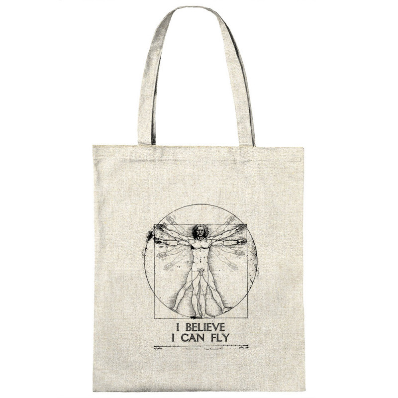 Sac shopping en toile naturel I can fly Vitruve (Gondrax,Humour,Musée,Homme de Vitruve)
