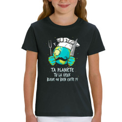 T-shirt enfant coton bio noir Ta planète bleue ou bien cuite (Gondrax,Ecologie,Slogans Débiles)