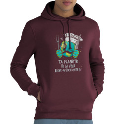 Sweat homme à capuche coton bio bordeaux Ta planète bleue ou bien cuite (Gondrax,Ecologie,Slogans Débiles)