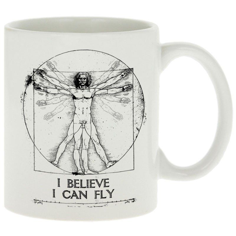Mug blanc I can fly Vitruve (Gondrax,Humour,Musée,Homme de Vitruve)