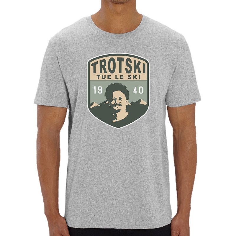 T-shirt homme coton bio gris chiné Trotski tue le ski (Andy,Humour)