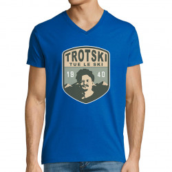 T-shirt homme col V bleu royal Trotski tue le ski (Andy,Humour)