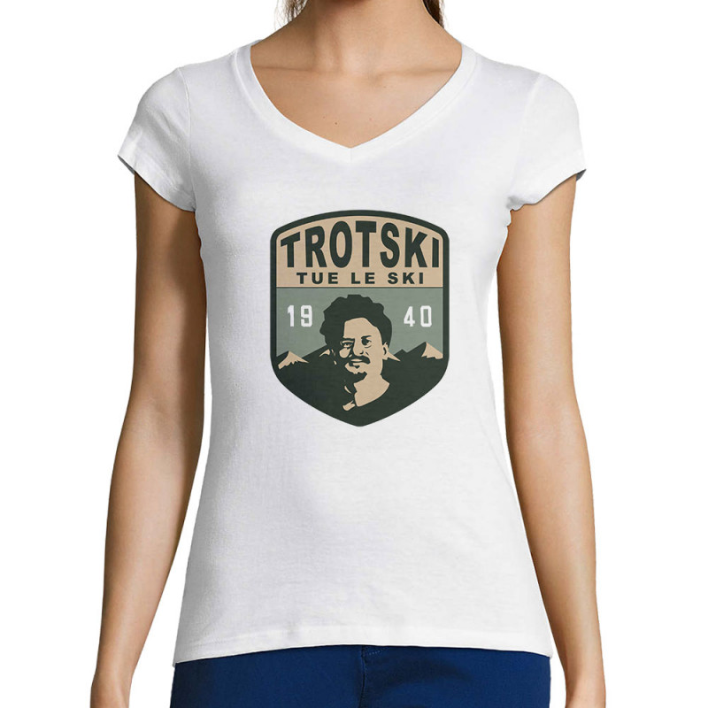 T-shirt femme col V blanc Trotski tue le ski (Andy,Humour)