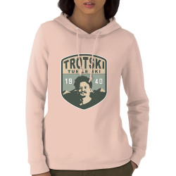 Sweat femme à capuche coton bio rose clair Trotski tue le ski (Andy,Humour)