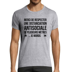 T-shirt homme fit gris chiné Distanciation Antisociale (Gondrax,Slogans Débiles,Humour)