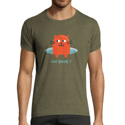 T-shirt homme fit kaki chiné Chat baigne ? (Alex Kidd,Animaux,Humour,Chats)