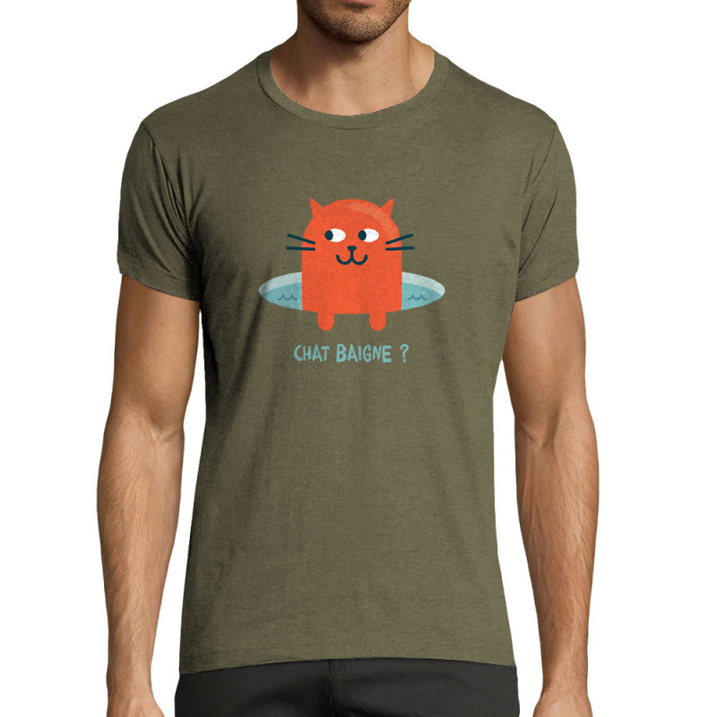 T-shirt homme fit kaki chiné Chat baigne ? (Alex Kidd,Animaux,Humour,Chats)