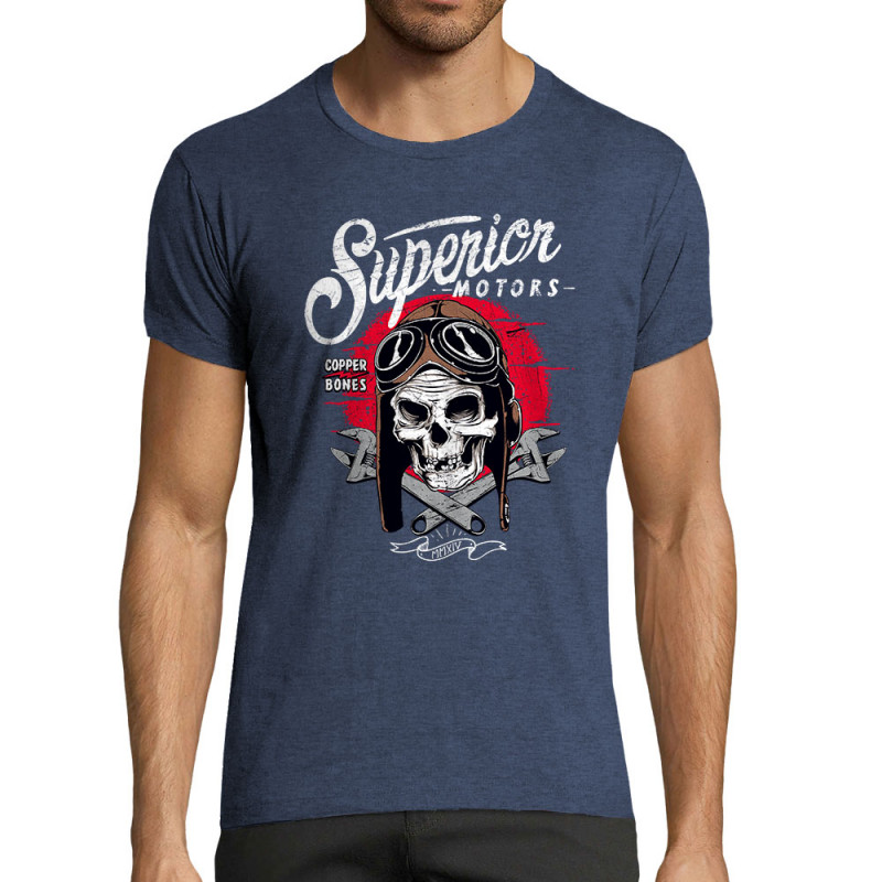 T-shirt homme fit bleu denim chiné Copper Bones - Superior Motors (Copper Bones,Moto,Têtes de morts)