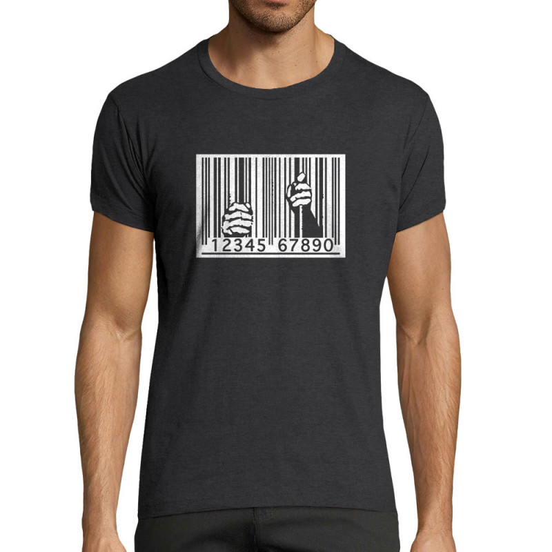 T-shirt homme fit gris anthracite chiné Code barre prison (Slogans engagés)