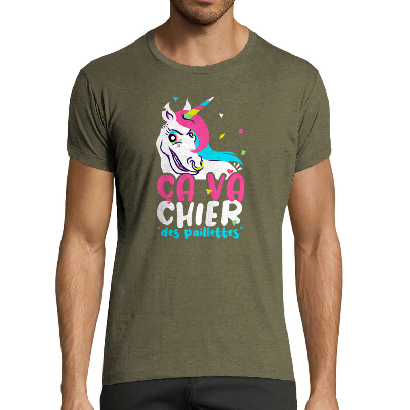T-shirt homme fit kaki chiné Ca va chier des paillettes 2 (Zewa,Animaux,Humour)