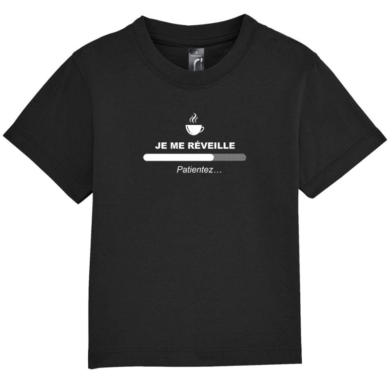 T-shirt bébé noir Je me réveille café (Gondrax,Humour,Jeux Vidéo / Geek,Fruits & Légumes,Paresse)