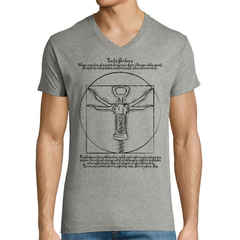 T-shirt homme col V gris chiné Tractus Bouchonus Vitruve (Gondrax,Alcool,Musée,Homme de Vitruve)
