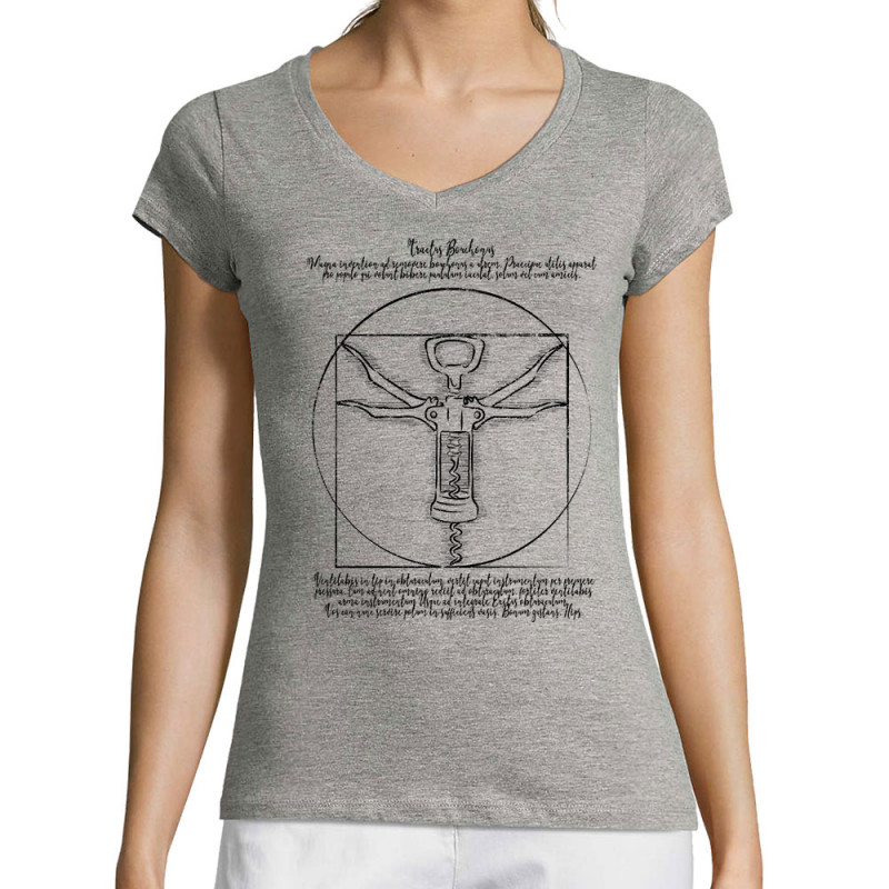 T-shirt femme col V gris chiné Tractus Bouchonus Vitruve (Gondrax,Alcool,Musée,Homme de Vitruve)