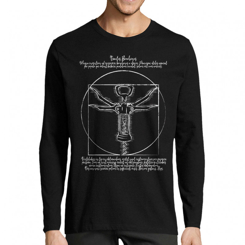 T-shirt homme manches longues noir Tractus Bouchonus Vitruve (Gondrax,Alcool,Musée,Homme de Vitruve)
