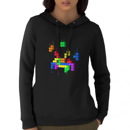 Sweat femme à capuche coton bio noir tetris Invader (Zewa,Jeux Vidéo / Geek)