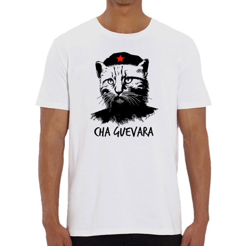 T-shirt homme coton bio blanc Cha Guevara (Animaux,Humour,Chats,Les Bébêtes)