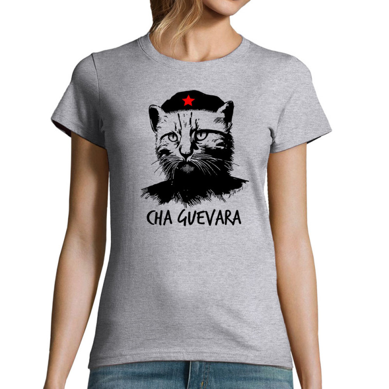 T-shirt femme gris chiné Cha Guevara (Animaux,Humour,Chats,Les Bébêtes)