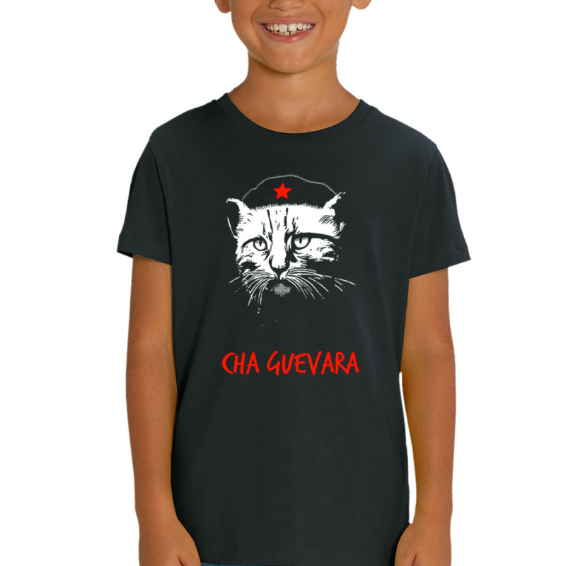 T-shirt enfant coton bio noir Cha Guevara (Animaux,Humour,Chats,Les Bébêtes)