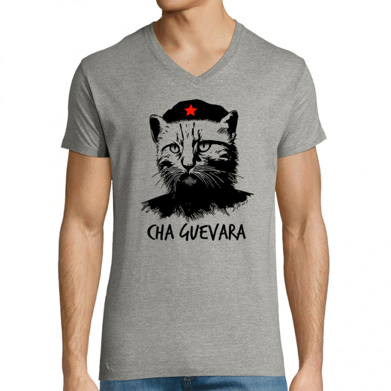 T-shirt homme col V gris chiné Cha Guevara (Animaux,Humour,Chats,Les Bébêtes)