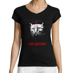 T-shirt femme col V noir Cha Guevara (Animaux,Humour,Chats,Les Bébêtes)