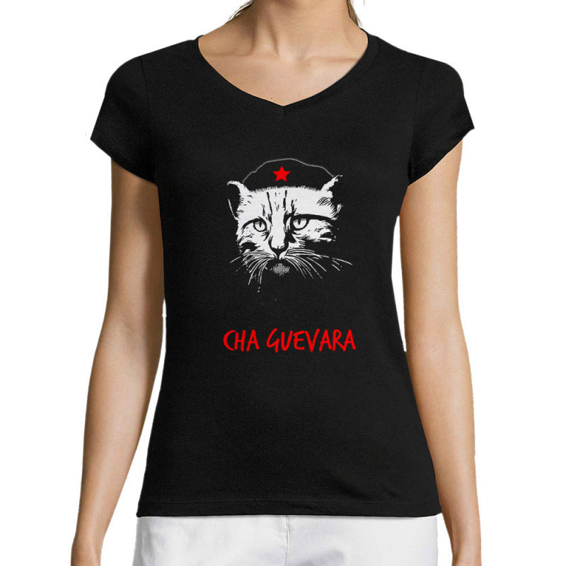 T-shirt femme col V noir Cha Guevara (Animaux,Humour,Chats,Les Bébêtes)