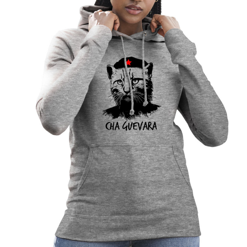 Sweat femme à capuche gris chiné Cha Guevara (Animaux,Humour,Chats,Les Bébêtes)