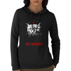 Sweat femme à capuche coton bio noir Cha Guevara (Animaux,Humour,Chats,Les Bébêtes)
